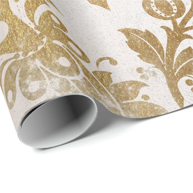 Vit Parly Guld Blommigt Cottage Grungy Damask Presentpapper (Rullad Hörn)