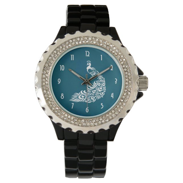 Vit Peacock på Teal Chic Snyggt Art Deco Design Armbandsur (Framsida)