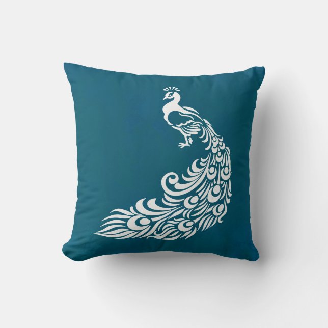Vit Peacock på Teal Chic Snyggt Art Deco Design Kudde (Framsida)