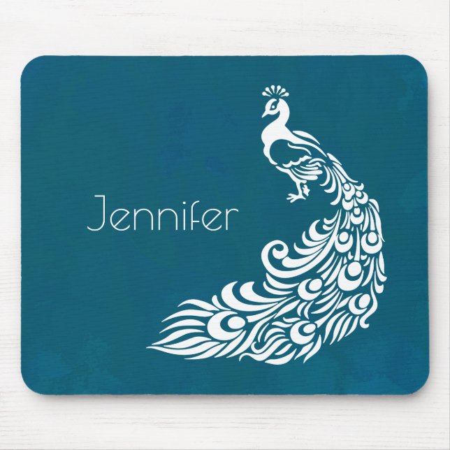 Vit Peacock på Teal Chic Snyggt Art Deco Design Musmatta (Framsidan)