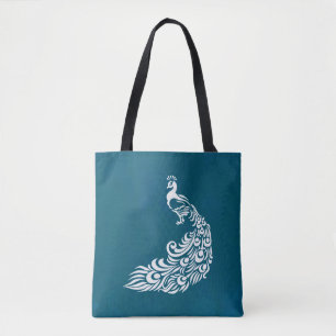Vit Peacock på Teal Chic Snyggt Art Deco Design Tygkasse
