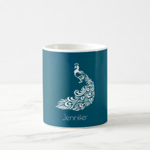 Vit Peacock på Teal Chic Snyggt Personlig Kaffemugg