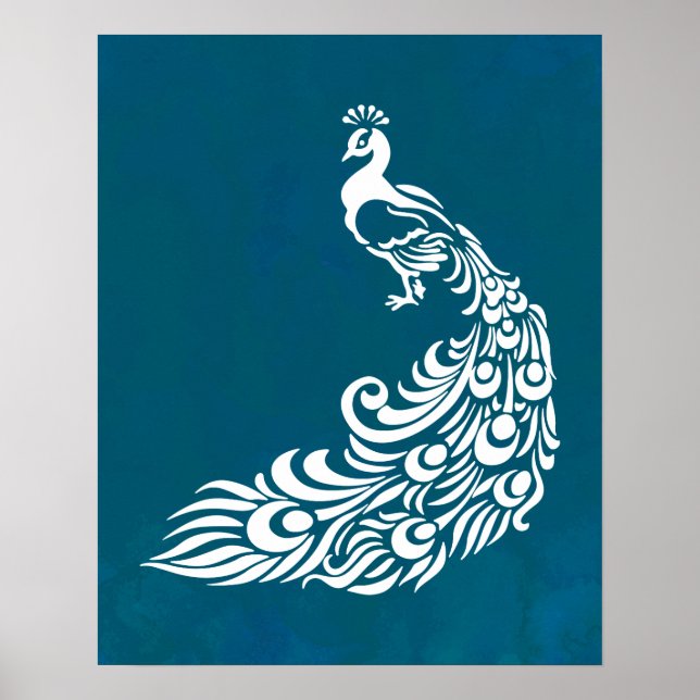 Vit Peacock på Teal Fold Snyggt Art Deco Design Poster (Framsidan)