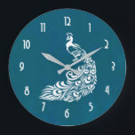 Vit Peacock på Teal Fold Snyggt Art Deco Design Stor Klocka<br><div class="desc">En klocka med en bild av en vit påk på en vattenfärgsbakgrund. Fet art deco stil. Snyggt och chic. Klocka ansikte-nummer är vita i ett modernt konsdeco stil-teckensnitt.</div>