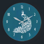 Vit Peacock på Teal Fold Snyggt Art Deco Design Stor Klocka<br><div class="desc">En klocka med en bild av en vit påk på en vattenfärgsbakgrund. Fet art deco stil. Snyggt och chic. Klocka ansikte-nummer är vita i ett modernt konsdeco stil-teckensnitt.</div>