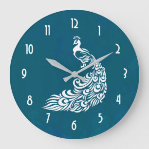 Vit Peacock på Teal Fold Snyggt Art Deco Design Stor Klocka