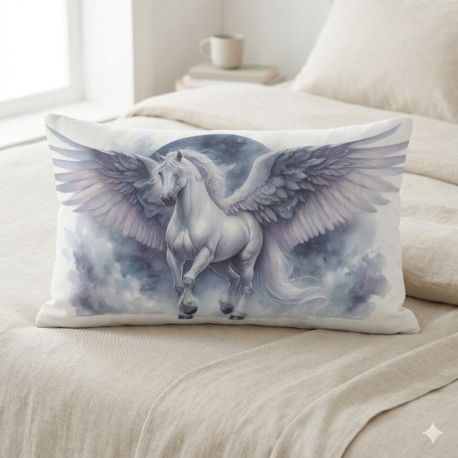 Vit Pegasus Månljusa Vingar Himmelsk Dröm Lumbarkudde (White Pegasus Moonlit Wings Celestial Dream Lumbar Pillow)