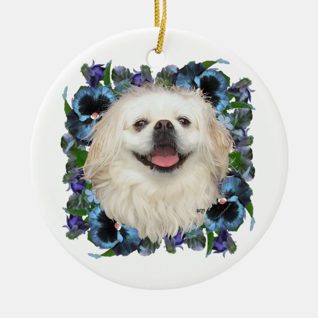 Vit Pekingese med penséer Julgransprydnad Keramik (Framsidan)