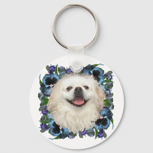 Vit Pekingese med penséer Nyckelring (Framsida)