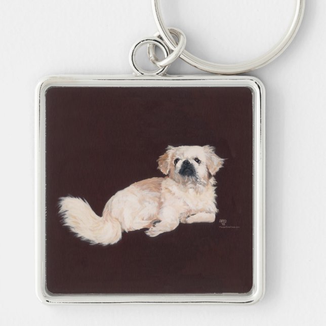 Vit Pekingeser Hund Fyrkantig Silverfärgad Nyckelring (Framsidan)