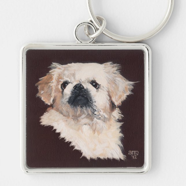 Vit Pekingeser Hund Fyrkantig Silverfärgad Nyckelring (Framsidan)