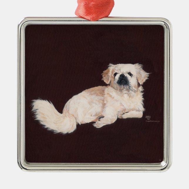 Vit Pekingeser Hund Julgransprydnad Metall (Framsidan)