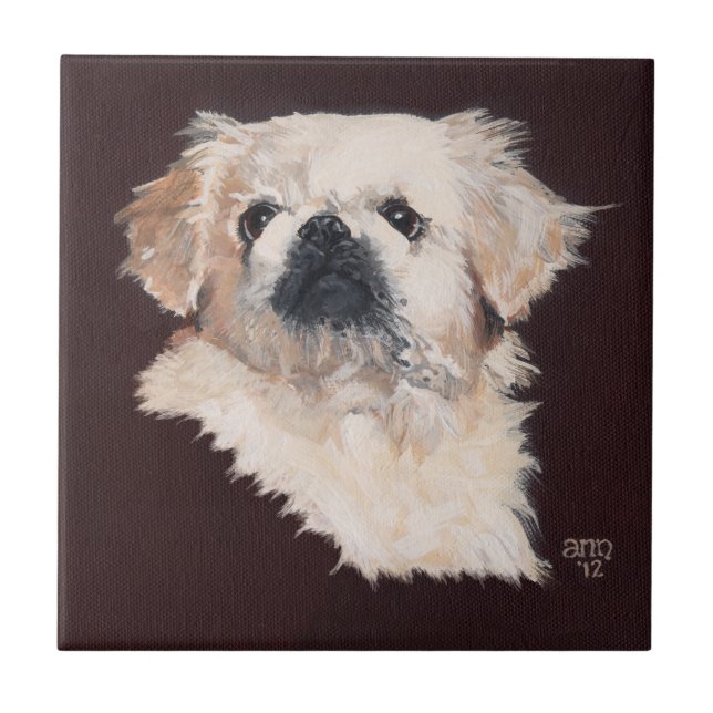 Vit Pekingeser Hund Kakelplatta (Framsidan)
