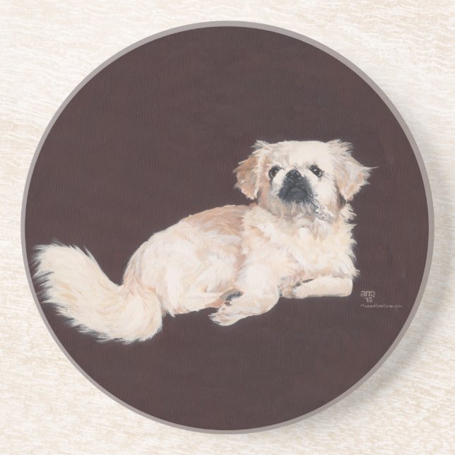 Vit Pekingeser Hund Underlägg Sandsten (Framsidan)