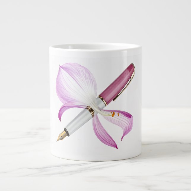 vit penna med rosa band jumbo mugg (Framsidan)