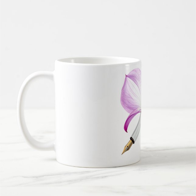 vit penna med rosa band kaffemugg (Vänster)