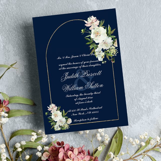 Vit peonin bröllop vid marinblått guld inbjudningar (Navy blue gold mint white peony floral wedding )