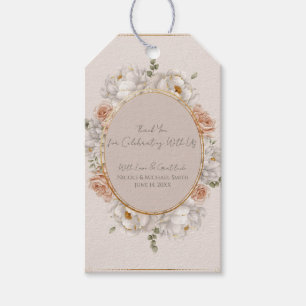 Vit Peony & Blush Rose Blommig Bröllopsfest Presentetikett