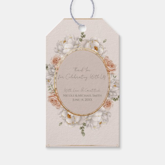 Vit Peony & Blush Rose Blommig Bröllopsfest  Presentetikett (Framsidan)