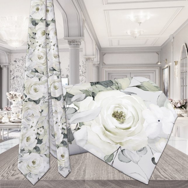 Vit Peony Silver Eucalyptus Bröllop Halsduk Slips (Skapare uppladdad)