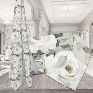 Vit Peony Silver Eucalyptus Bröllop Ljust Grön Slips