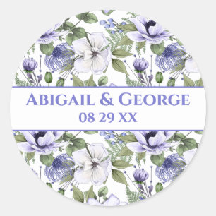 Vit periwinkle Blommigts Lila Wedding Favor Runt Klistermärke