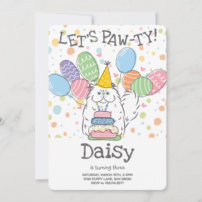 Vit Persian Cat Långhårig Födelsedagsfest Inbjudningar (Framsida)