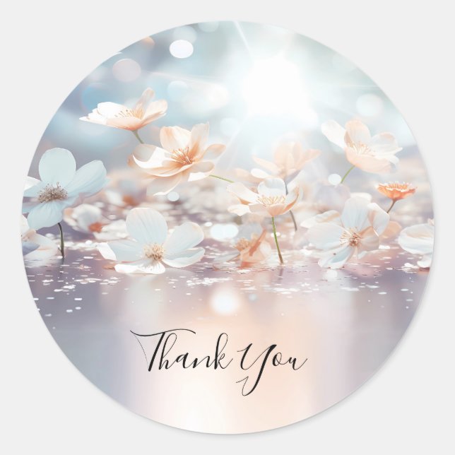 Vit persikofärgad Blommigt Runt Klistermärke (Framsida)