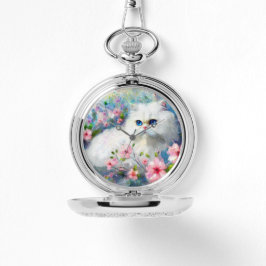 Vit persisisk Kattunge Blue Ögon i Rosa Flowers Armbandsur