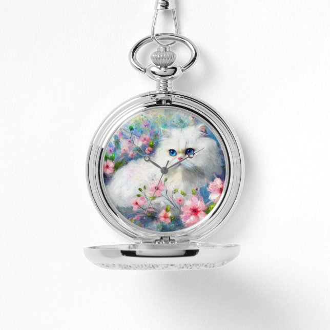 Vit persisisk Kattunge Blue Ögon i Rosa Flowers Armbandsur (Framsida)