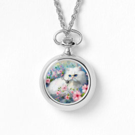 Vit persisisk Kattunge Blue Ögon i Rosa Flowers Armbandsur