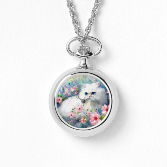 Vit persisisk Kattunge Blue Ögon i Rosa Flowers Armbandsur (Framsida)