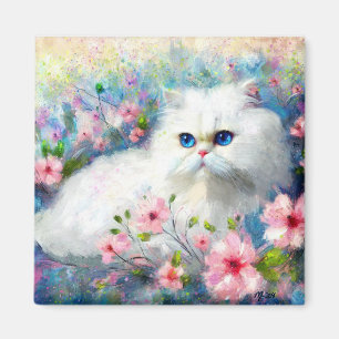 Vit persisisk Kattunge Blue Ögon i Rosa Flowers Magnet