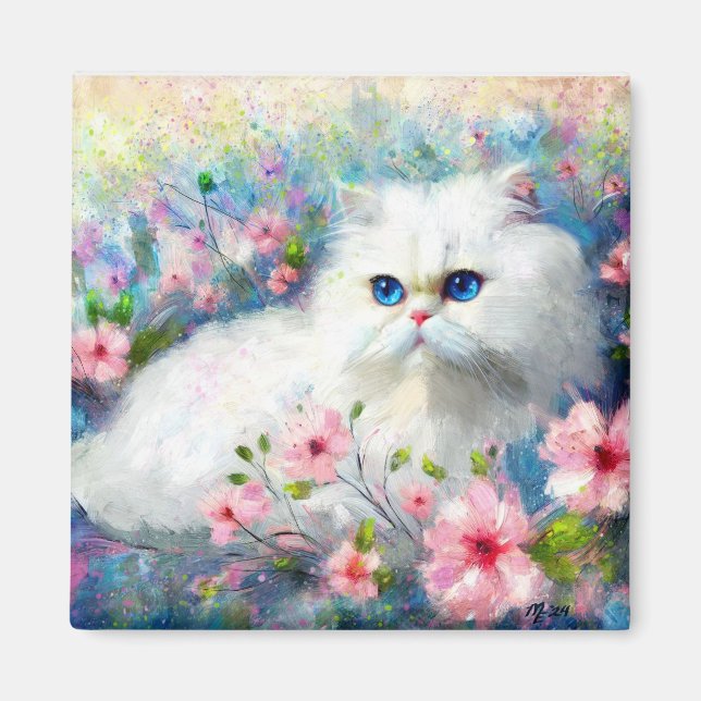Vit persisisk Kattunge Blue Ögon i Rosa Flowers Magnet (Framsidan)