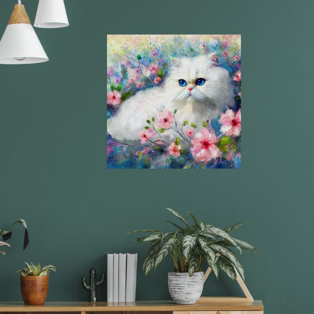 Vit persisisk Kattunge Blue Ögon i Rosa Flowers Poster (Vardagsrum 1)