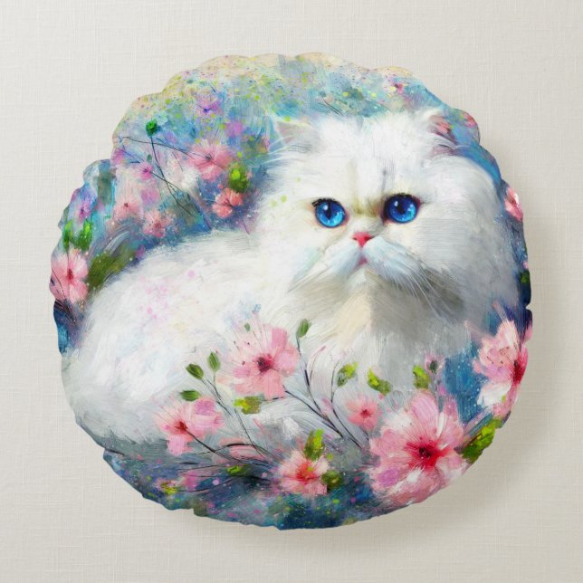 Vit persisisk Kattunge Blue Ögon i Rosa Flowers Rund Kudde (Framsidan)