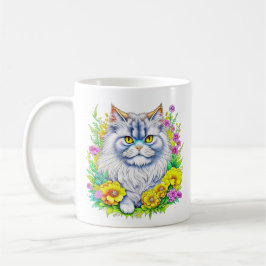 Vit persisk katt i blommor kaffemugg