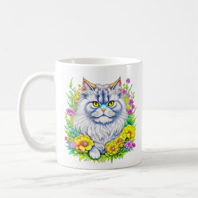 Vit persisk katt i blommor kaffemugg (Vänster)