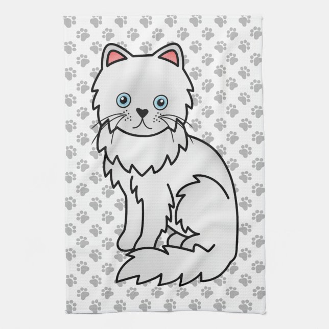 Vit persisk söt serieillustration av katt kökshandduk (Vertikal)