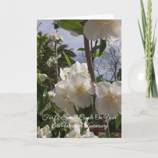 Vit personlig blomma 35-års bröllopsjubileum kort (Framsida)
