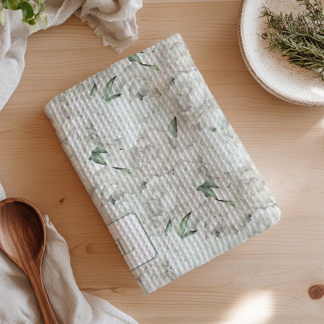 Vit Pionblomma Monogrammerad  Kökshandduk (Peonies White kitchen towel
)
