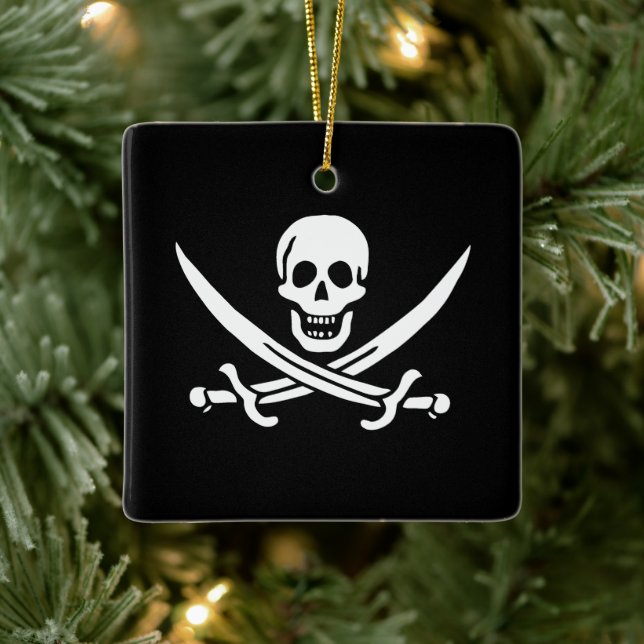 Vit, Pirat Flagga Calico-Jack, Skull och klass Julgransprydnad Keramik (Träd)