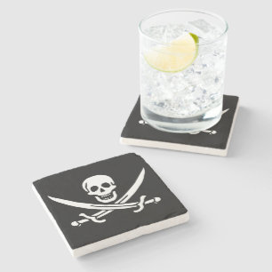 Vit, Piratflagga Calico Jack, Dödskalle & Sabel Stenunderlägg