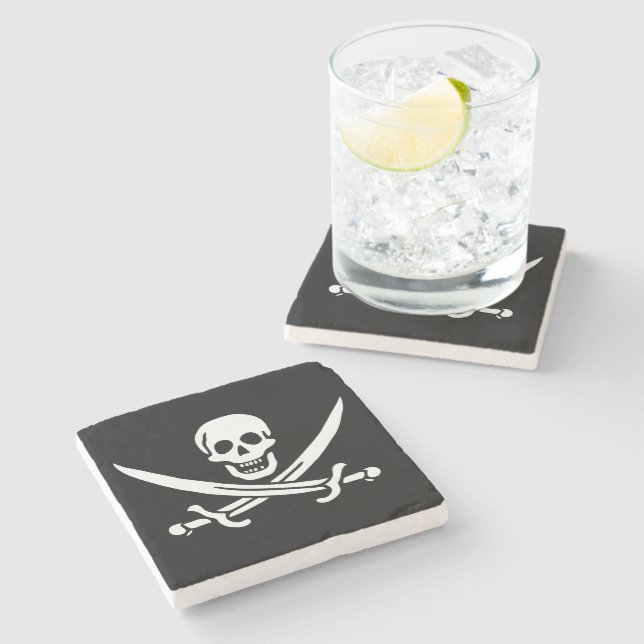 Vit, Piratflagga Calico Jack, Dödskalle & Sabel Stenunderlägg (Sidan)
