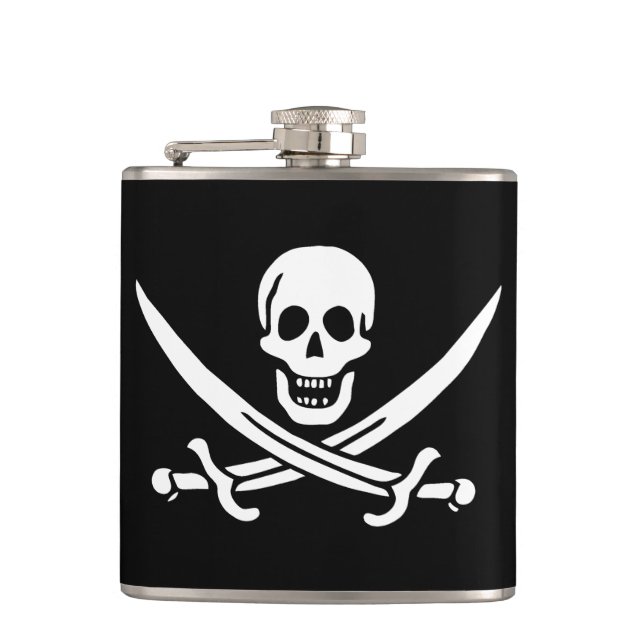 Vit, Piratflagga Calico Jack, Dödskalle & Svärd Fickplunta (Framsidan)
