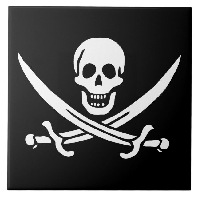 Vit, Piratflagga Calico Jack, Dödskalle & Svärd Kakelplatta (Framsidan)