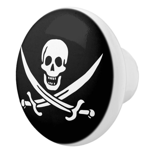 Vit, Piratflagga Calico Jack, Dödskalle & Svärd Knopp (Höger)
