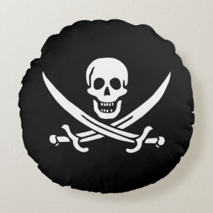 Vit, Piratflagga Calico Jack, Dödskalle & Svärd Rund Kudde