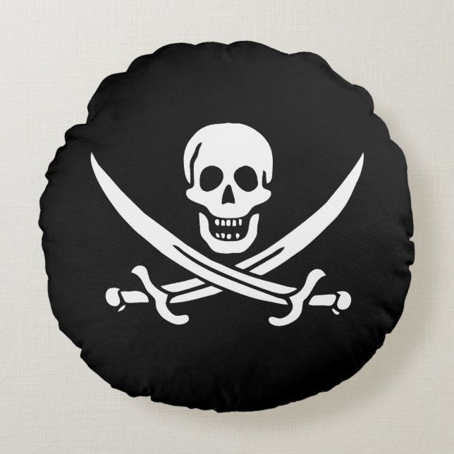 Vit, Piratflagga Calico Jack, Dödskalle & Svärd Rund Kudde (Framsidan)