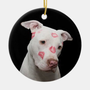 Vit Pit Bull med kyssar Julgransprydnad Keramik